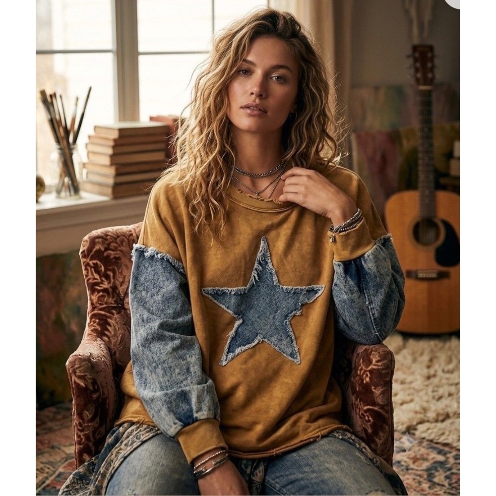 Sage + Fig Mustard Yellow Denim Star Patch Sweatshirt Acid Wash Sleeves L NEW